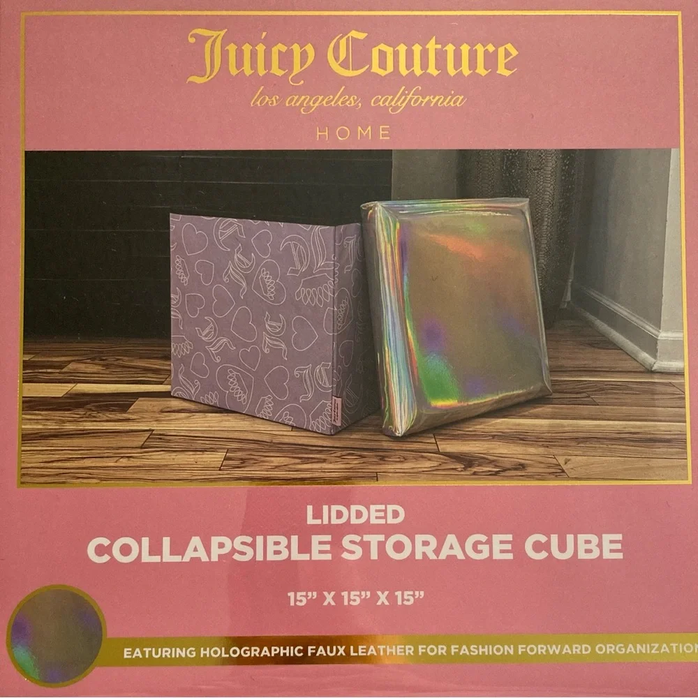 Juicy Couture Lidded Collapsible Storage Cube Iridescent Lid + Purple Crown Logo